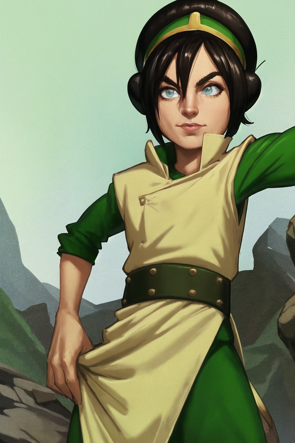 Asian-Less-Toon portrait of toph, tgreenoutfit, tredoutfit,
(masterpiece:1.2) (best quality:1.2) (8k) (HDR) (wallpaper) (s...
